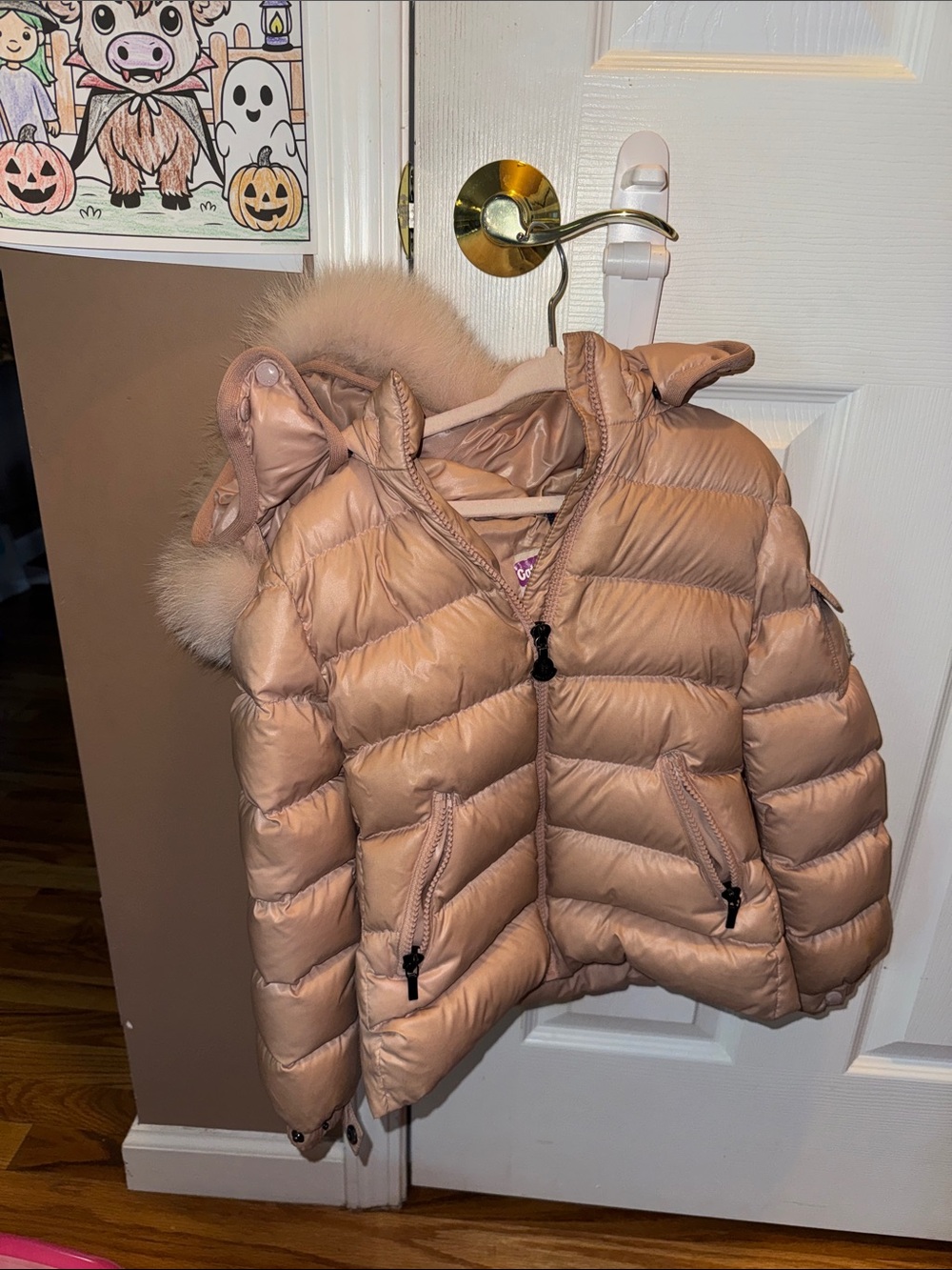 Moncler Girls' Blush Pink Quilted Puffer Jacket with Fur-Trimmed Hood